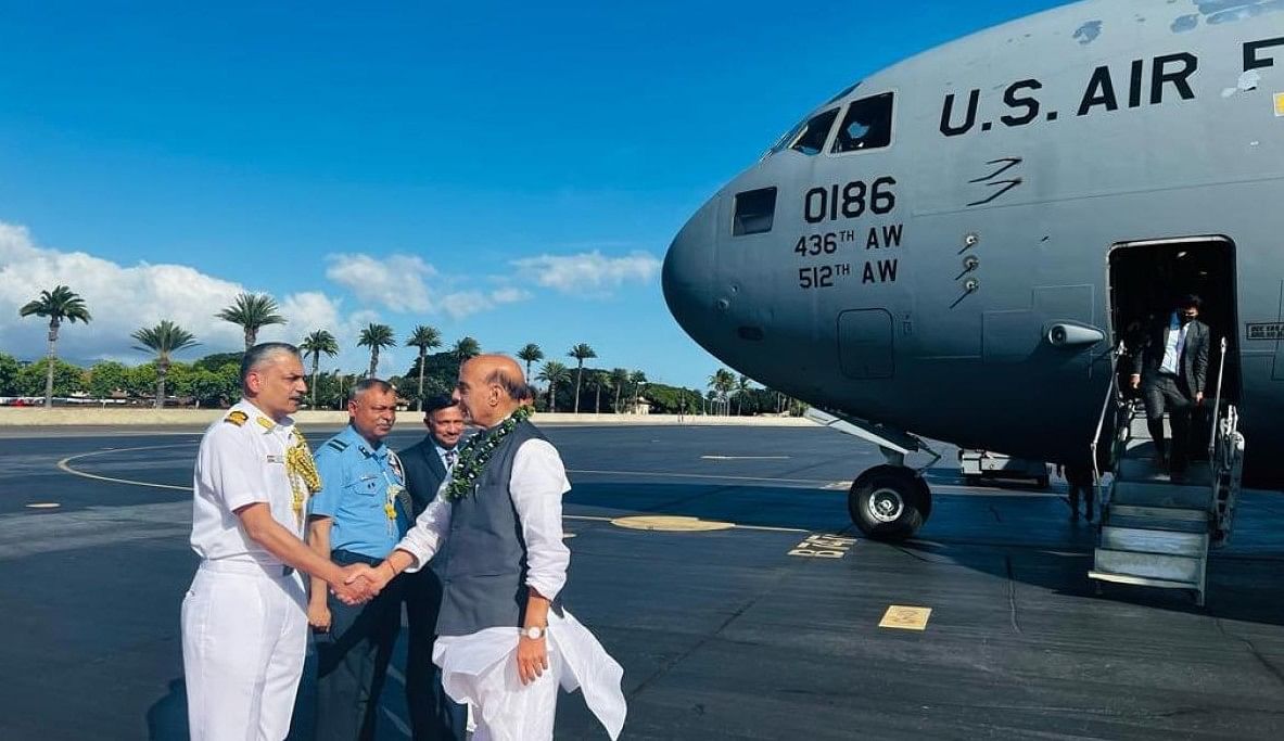 Defence Minister Rajnath Singh reached Honolulu in Hawaii on Wednesday, April 13, 2022 for a visit to the Headquarters of US Indo-Pacific Command. Credit: IANS