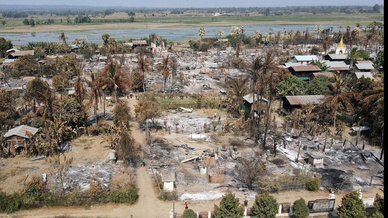 An aerial view of Bin village of the Mingin Township in Sagaing region after villagers say it was set ablaze by the Myanmar military. Credit: Reuters Photo