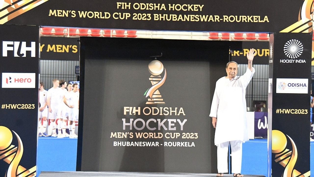 Naveen Patnaik unveils official logo of FIH Odisha Hockey Men's World Cup 2023 at the Kalinga Stadium in Bhubaneswar. Credit: Twitter/@Naveen_Odisha