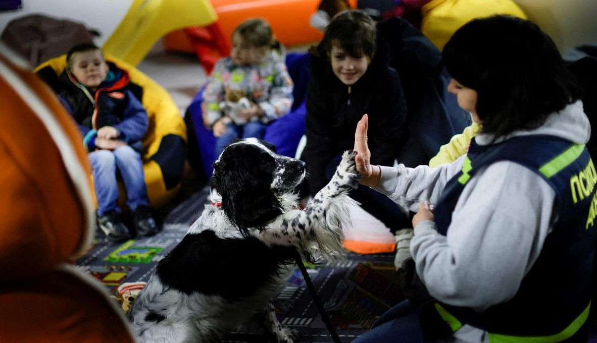 Ukrainian children take part in a therapy session with a therapeutic dog, in a complex set up as a shelter organised by volunteers, amid Russia's invasion of Ukraine, in Zaporizhzhya. Credit: Reuters