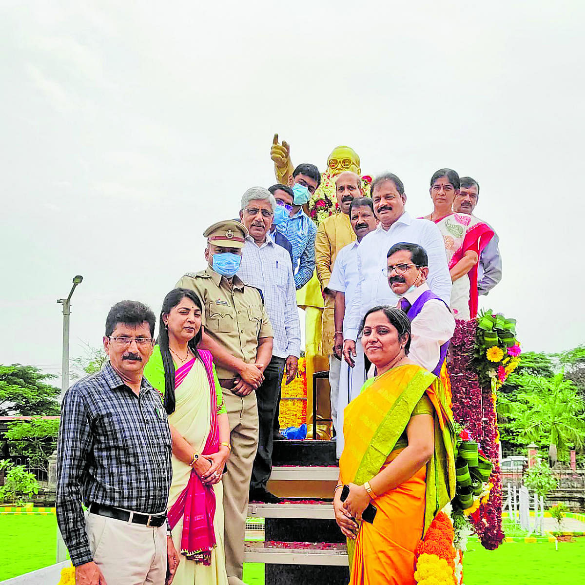 District In-charge Minister S Angara garlands the statue of Dr B R Ambedkar installed on the DC premises office in Udupi during Ambedkar Jayanti celebrations.