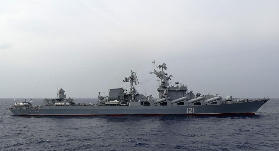 In this file photo taken on December 17, 2015 the Russian missile cruiser Moskva patrols in the Mediterranean Sea, off the coast of Syria. Credit: AFP