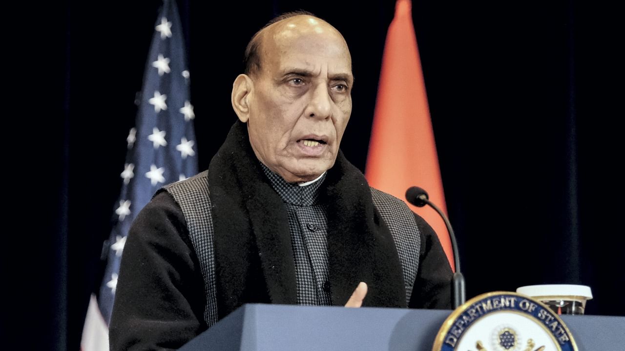 Defense Minister Rajnath Singh speaks at a news conference during the fourth U.S.-India 2+2 Ministerial Dialogue. Credit: AP Photo