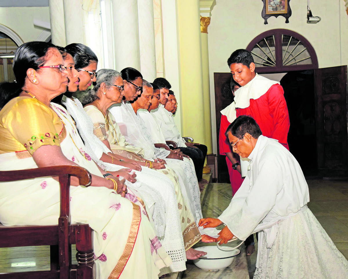 Maundy Thursday is observed with the symbolic washing of the feet of twelve people who represented the disciples of Jesus Christ at Rosario Church in Mangaluru on Thursday.