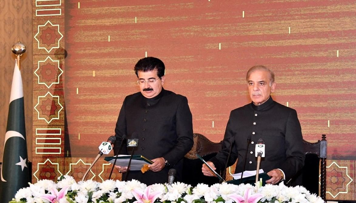Pakistan's prime minister-elect Shehbaz Sharif takes oath as the 23rd Prime Minister of Pakistan from Muhammad Sadiq Sanjrani, Chairman of the Senate of Pakistan, at President Office in Islamabad, Pakistan. Credit: Reuters