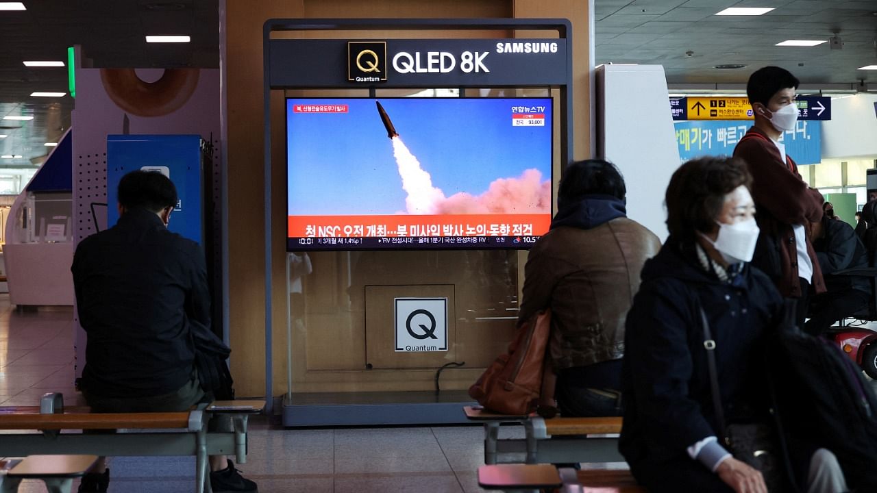 People watch a television broadcasting a news report on North Korea's new type of tactical guided weapon test, at a railway station in Seoul. Credit: Reuters Photo