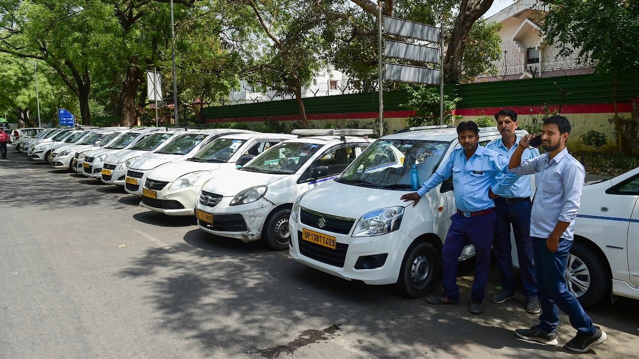 Parked cabs during a protest in Delhi. Credit: PTI File Photo