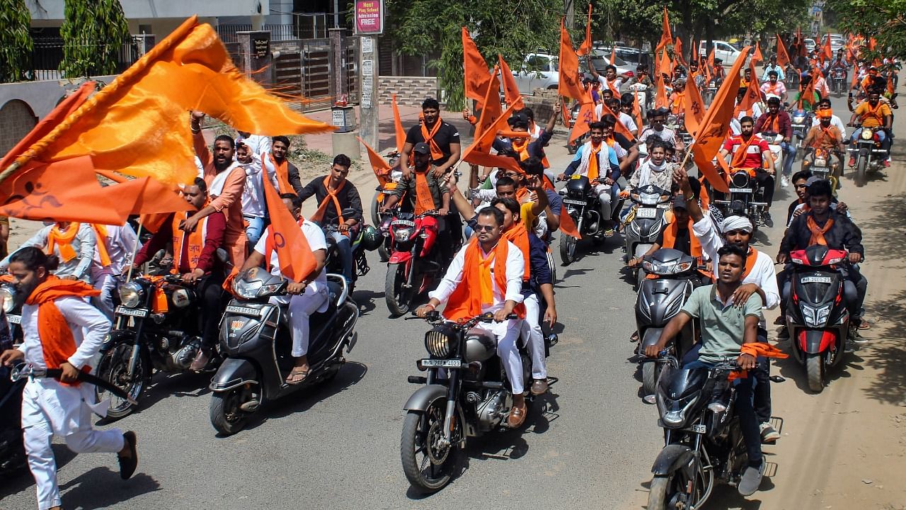 A procession on Ram Navami in Gurugram of Haryana. Credit: PTI Photo