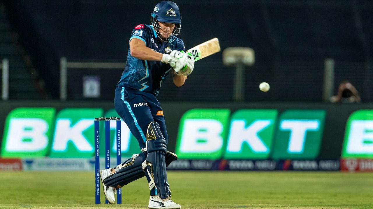  David Miller of Gujarat Titans plays a shot during the Indian Premier League 2022 cricket match between Gujarat Titans and Chennai Super Kings, at the MCA International Stadium, in Pune. Credit: PTI Photo