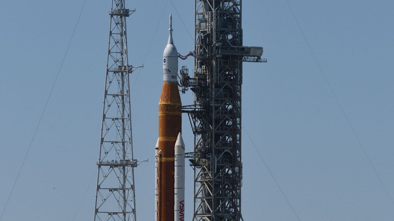 The Artemis 1 Moon rocket with the Orion capsule sits on Launch Pad 39B at the Kennedy Space Center. Credit: AFP Photo