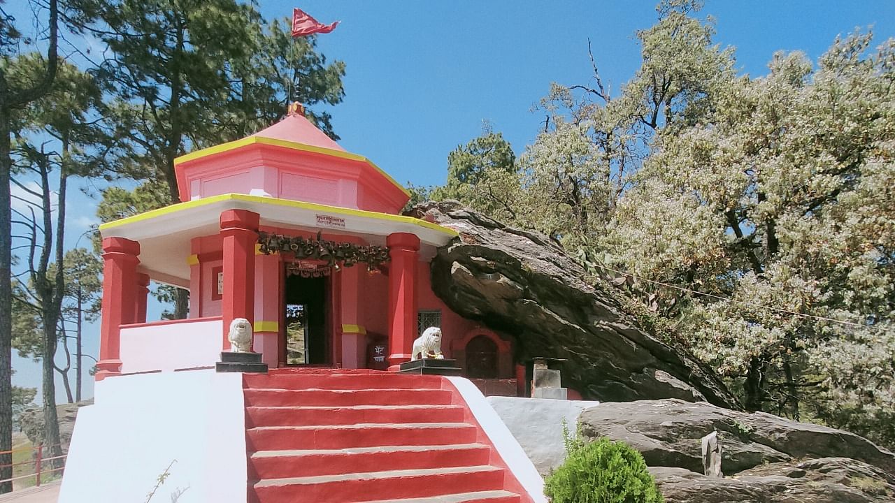 The iconic Kasar Devi temple in Almora famous for its 360-degree views of Himalayan peaks from an elevation of 2,116 meters above sea level. Credit: Nivi Shrivastava