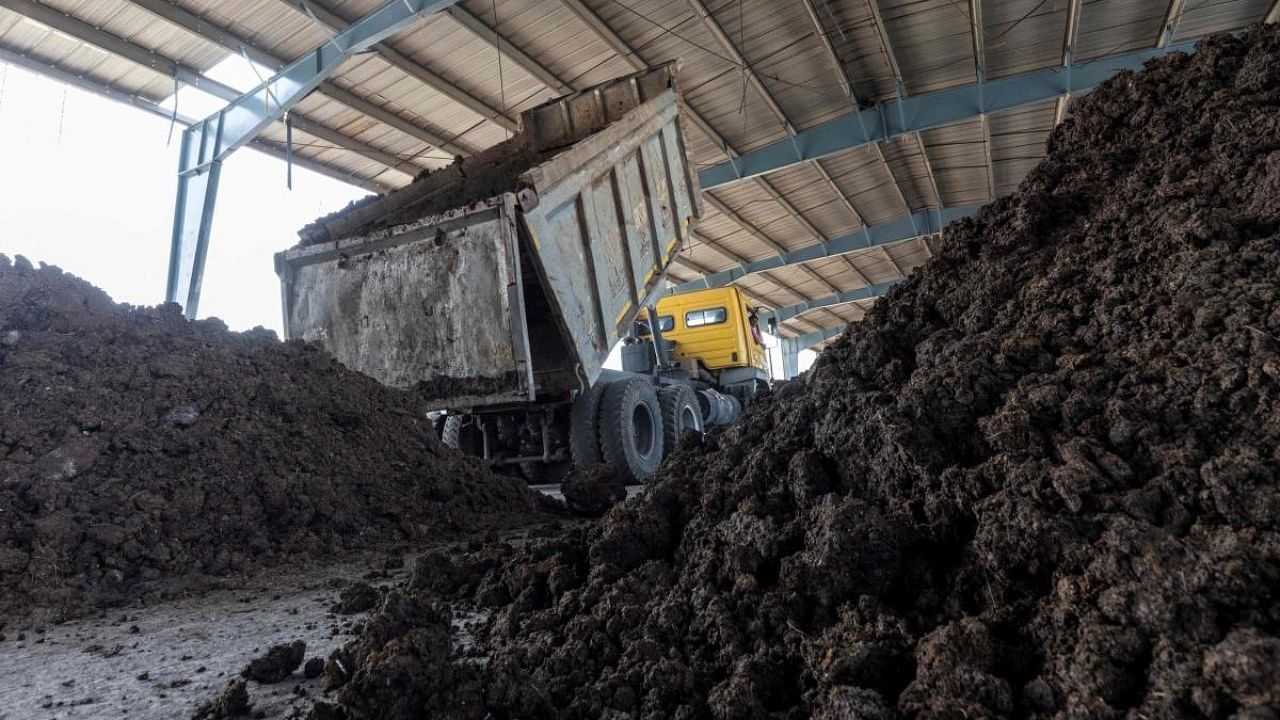 In this photograph taken on March 4, 2022, a truck unloads cow dung collected from farmers for biogas production at a storage area inside the bio-CNG (compressed natural gas) plant in Indore. Credit: AFP Photo