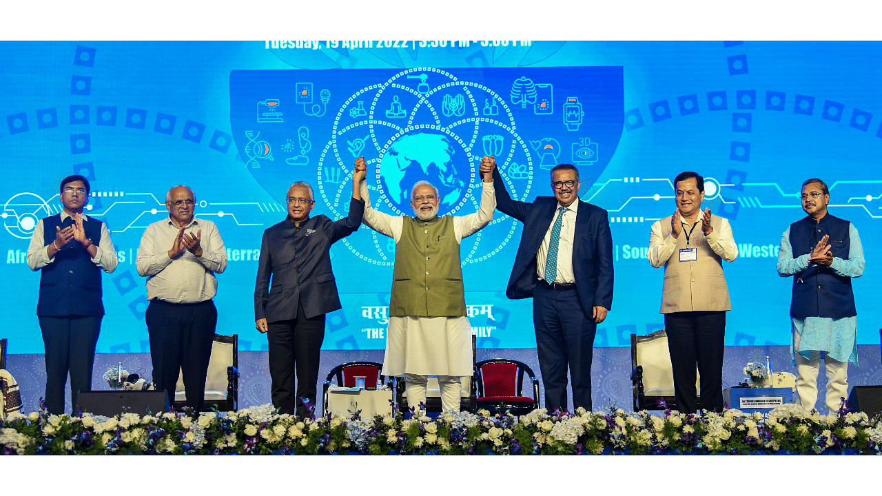 Prime Minister Narendra Modi, Ghebreyesus and Mauritius prime minister Pravind Jugnauth laid the foundation stone for the WHO Global Centre for Traditional Medicine. Credit: PTI Photo