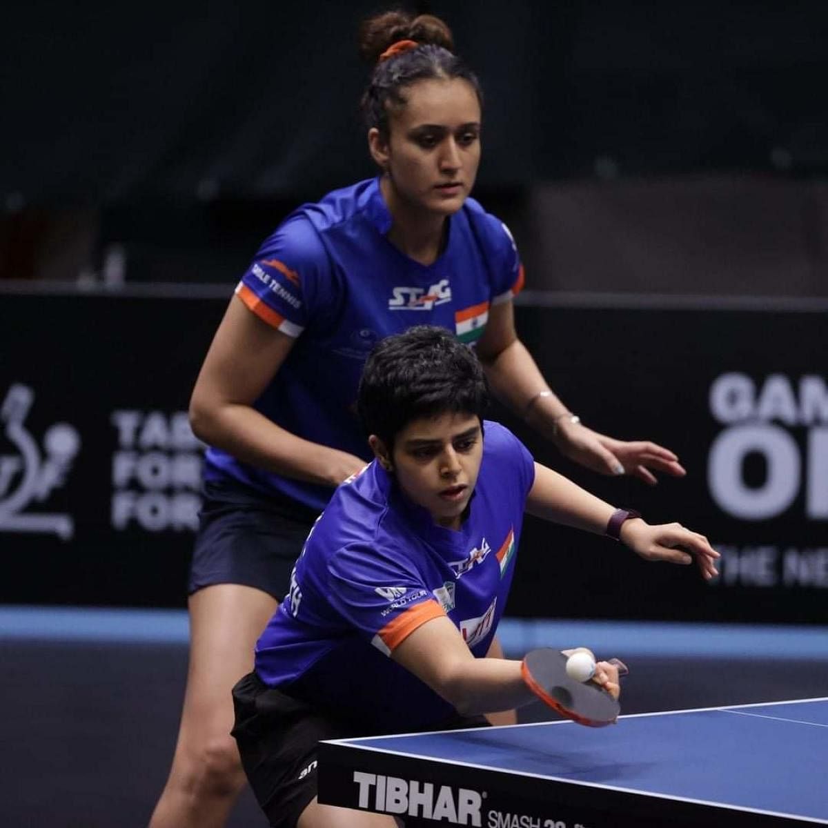 The women's doubles pair of Archana Kamath (foreground) and Manika Batra made steady progress as a team despite their focus being on singles. Credit: Twitter picture