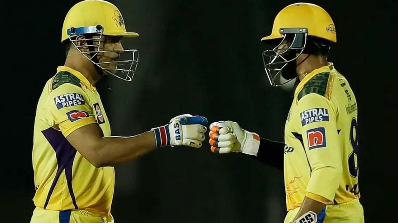 Chennai Super Kings Mahendra Singh Dhoni and Ravindra Jadeja during match 7 of the Indian Premier League 2022 Cricket Tournament between Lucknow SuperGiants and Chennai Super Kings at Brabourne Stadium in Mumbai. Credit: IANS Photo