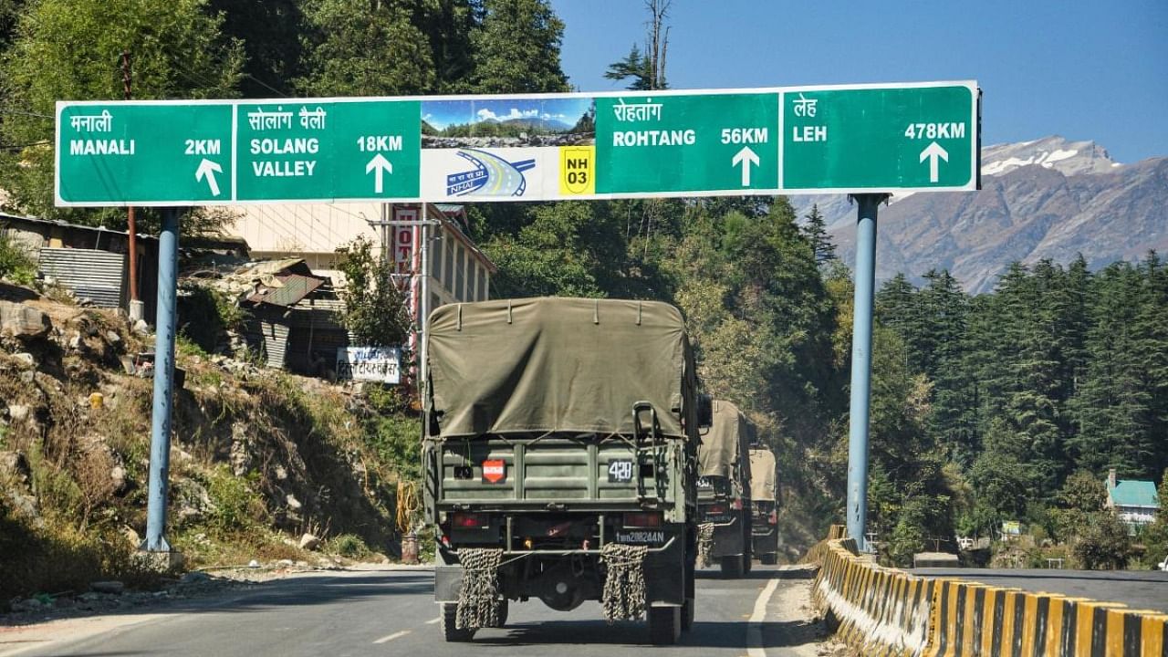 Military vehicles carrying military material on their way to Leh (Ladakh). Credit: PTI file photo
