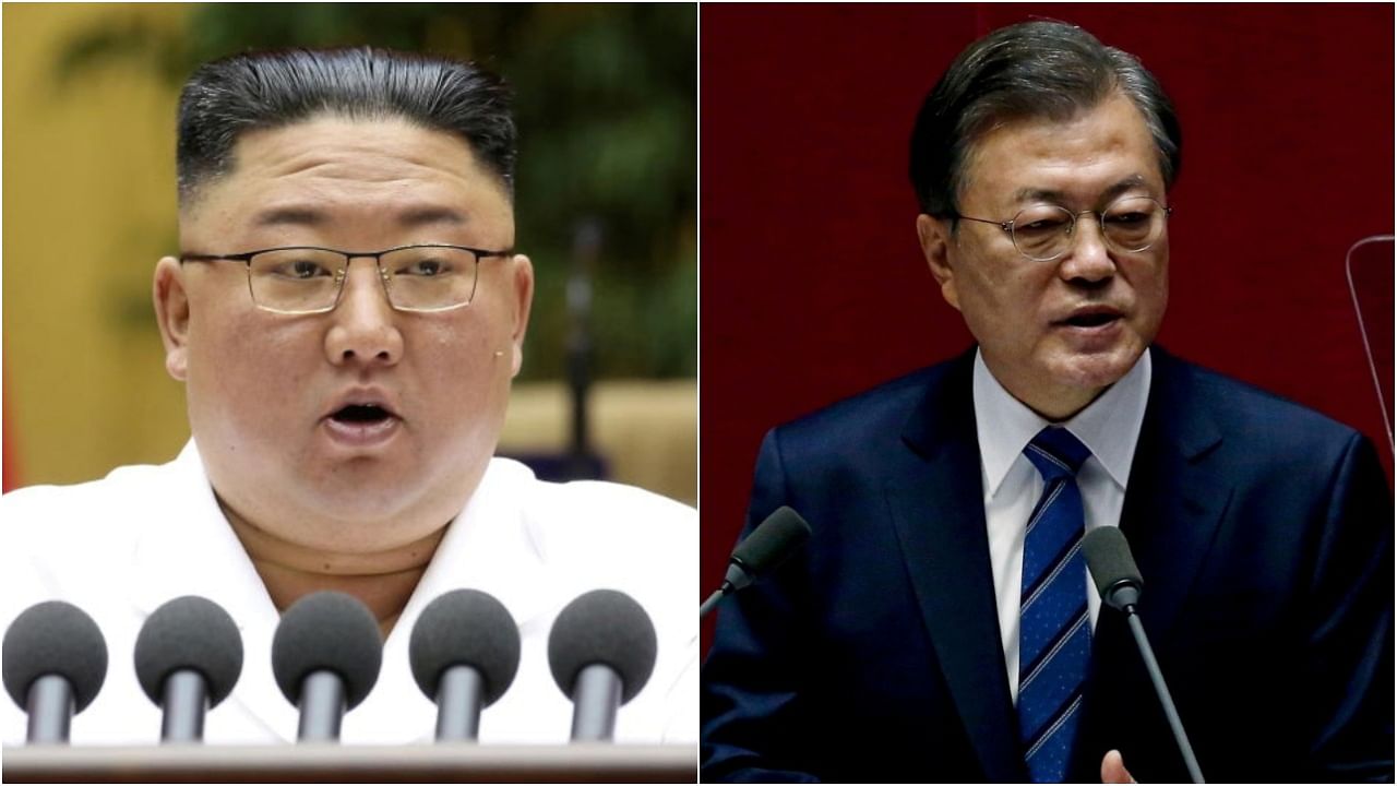 North Korean leader Kim Jong Un (left) and outgoing South Korean President Moon Jae-in. Credit: Reuters photos