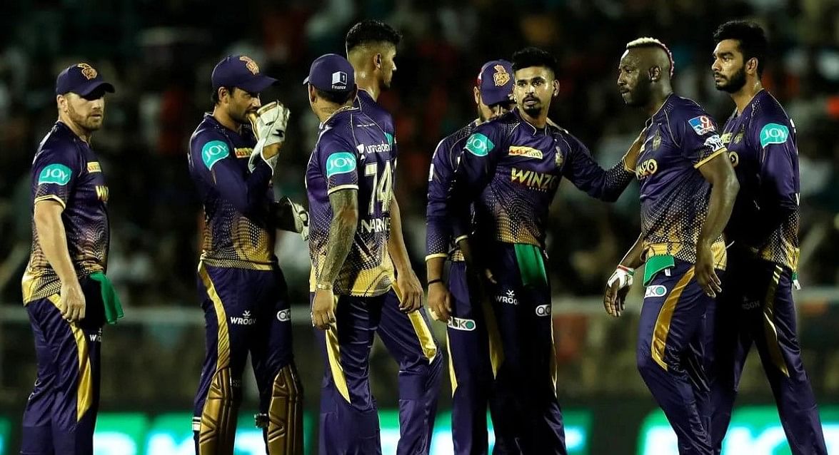 KKR's Andre Russell and captain Shreyas Iyer with teammates during the match against Hyderabad Sun Risers. Credit: IANS