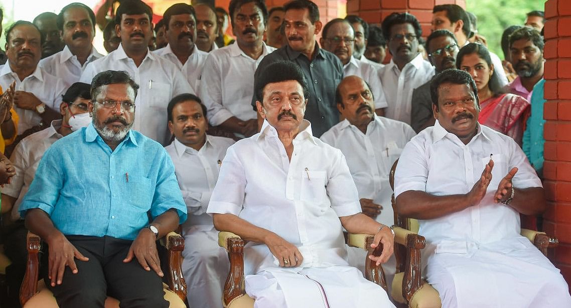 amil Nadu Chief Minister M.K. Stalin along with Leader of Tamil Nadu Congress Legislative Party K Selvaperunthagai, Viduthalai Chiruthaigal Katchi (VCK) President Thol. Thirumavalavan MP and others. Credit: PTI