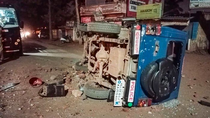 A view of the damage to police vehicles during violence in Hubballi. Credit: PTI Photo