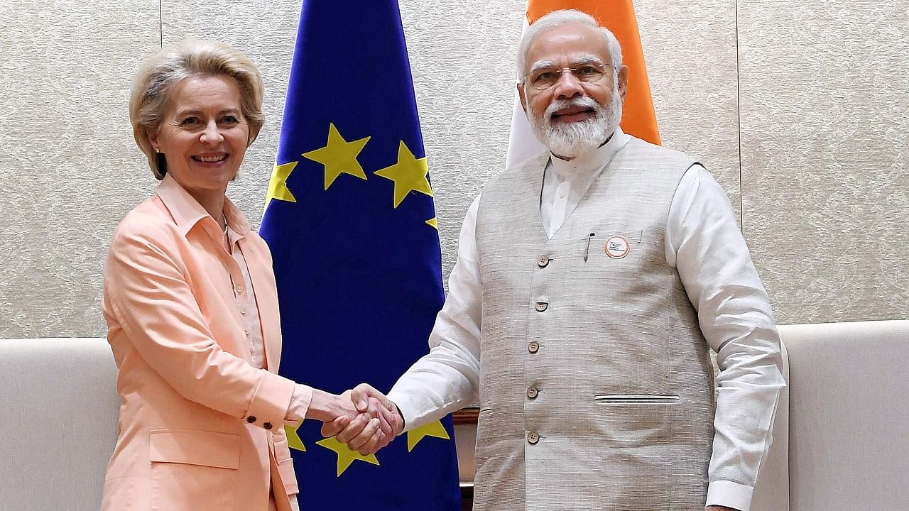 PM Modi with EU chief Von der Leyen. Credit: Reuters Photo