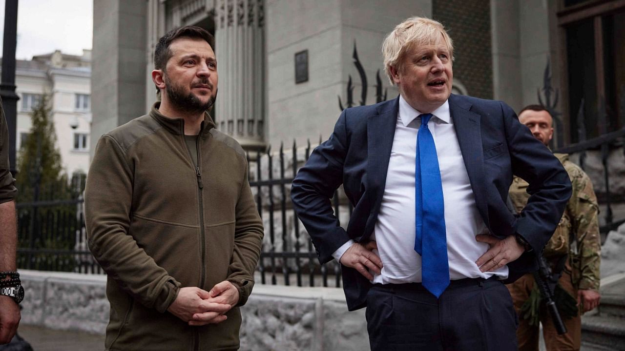 UK's Boris Johnson (R) with Ukraine's Volodymyr Zelenskyy in Kyiv. Credit: AP/PTI Photo