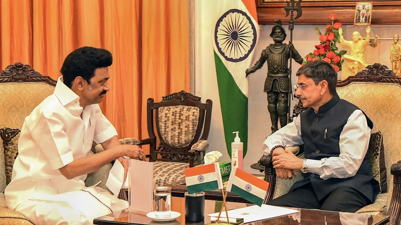 Tamil Nadu Chief Minister MK Stalin with Governor R N Ravi. Credit: PTI Photo