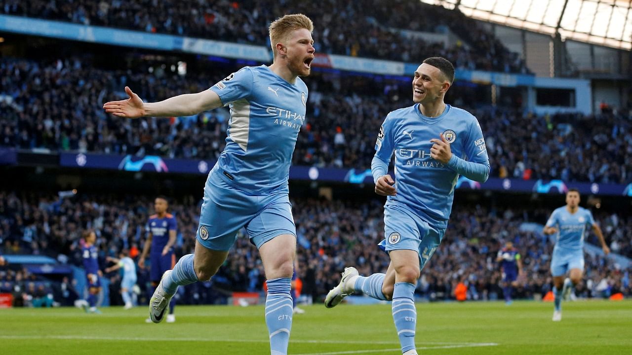 Manchester City's Kevin De Bruyne celebrates scoring their first goal during the 4-3 win over Real Madrid in the first leg of the Champions League semifinal. Credit: Reuters File Photo