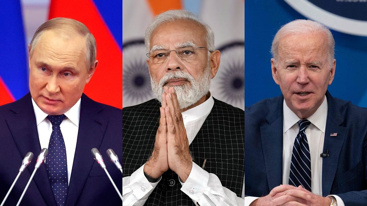 (L-R) Russia President Vladimir Putin, PM Narendra Modi and US President Joe Biden. Credit: AP, PTI, AFP Photos