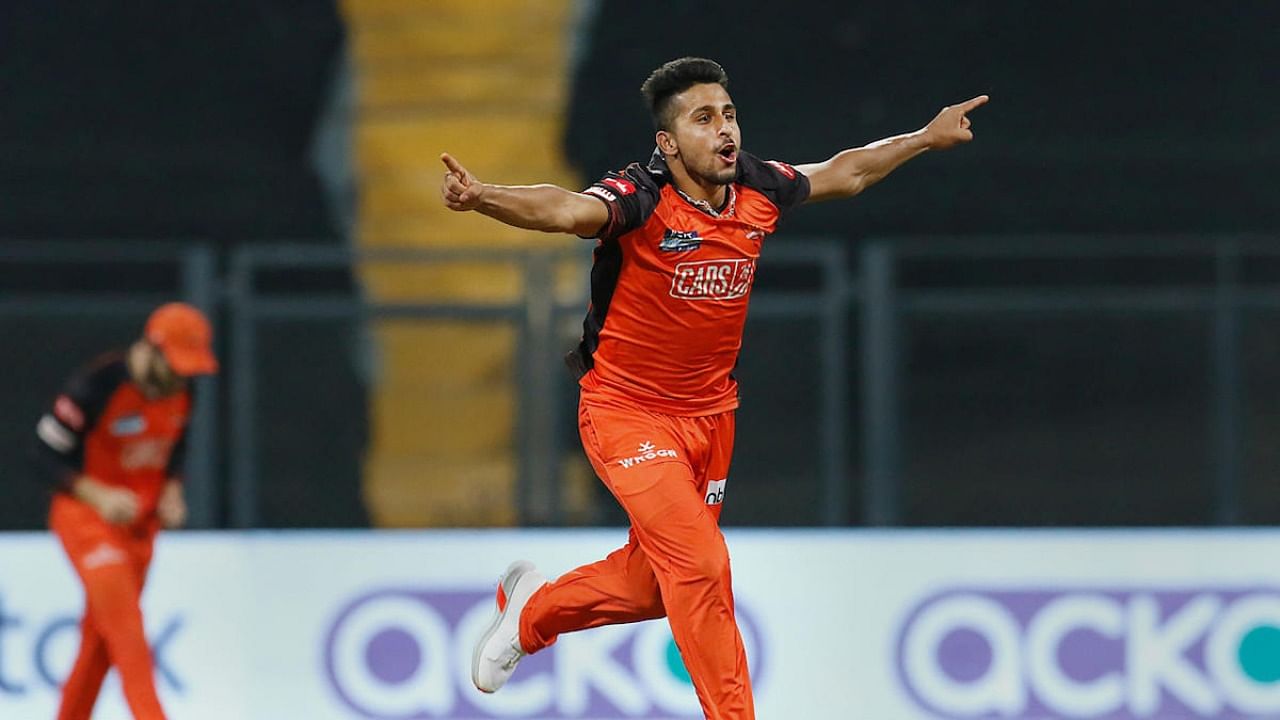 Umran Malik of celebrates the wicket of Shubman Gill during the Indian Premier League 2022 cricket match between Gujarat Titans and the Sunrisers Hyderabad, at Wankhede stadium in Mumbai. Credit: PTI Photo/Sportspicz for IPL