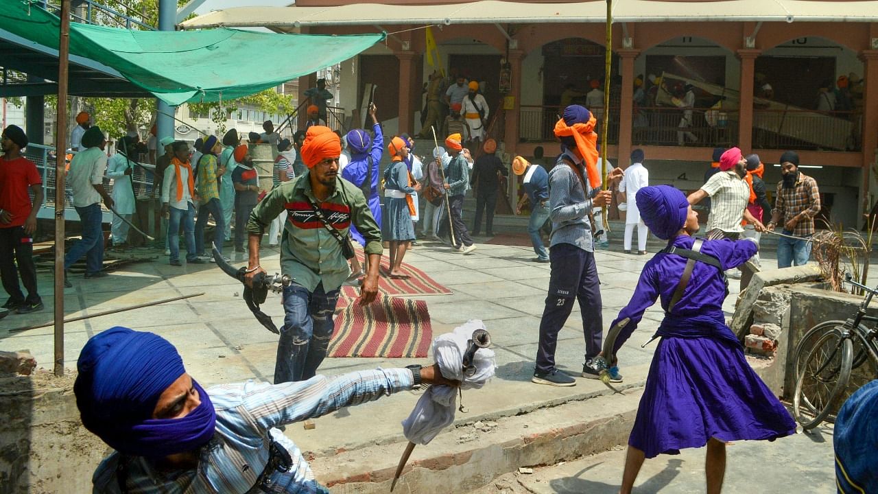 Nihangs after a clash between followers of Shiv Sena and pro-Khalistani Sikh organisations, near Kali Mata Mandir in Patiala. Credit: PTI File Photo