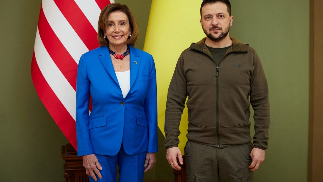 Ukraine's President Volodymyr Zelenskyy and US House Speaker Nancy Pelosi (D-CA) pose for a picture before their meeting, as Russia's attack on Ukraine continues, in Kyiv. Credit: Ukrainian Presidential Press Service/Handout via Reuters