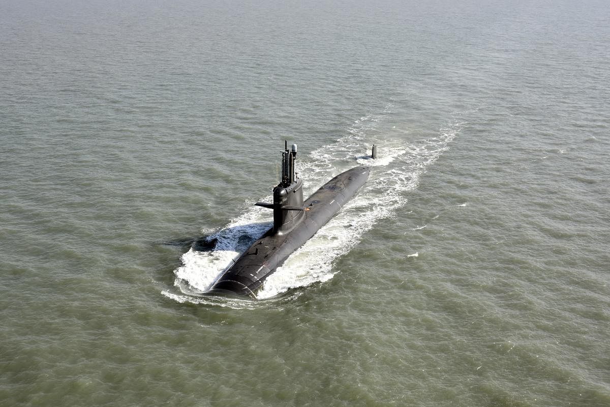 The sixth Scorpene-class submarine, INS Vagsheer, pictured in the water. Credit: PTI Photo