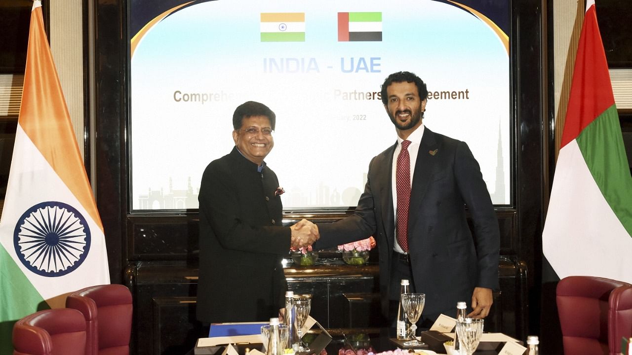 Union Commerce and Industry Minister Piyush Goyal with UAE Economy Minister Abdulla bin Touq Al-Mari during a meeting on Comprehensive Economic Partnership Agreement, in New Delhi. Credit: PTI Photo
