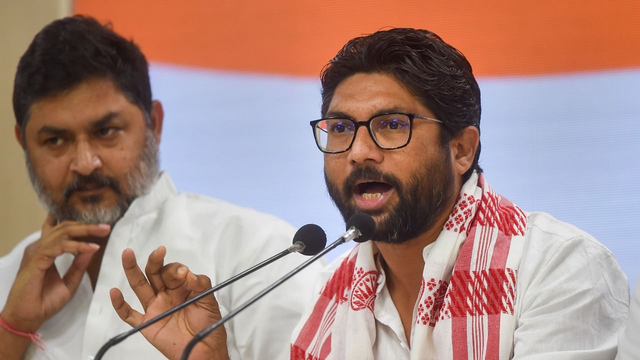 Independent MLA Jignesh Mevani addresses a press conference at the AICC headquarters, in New Delhi. Credit: PTI Photo