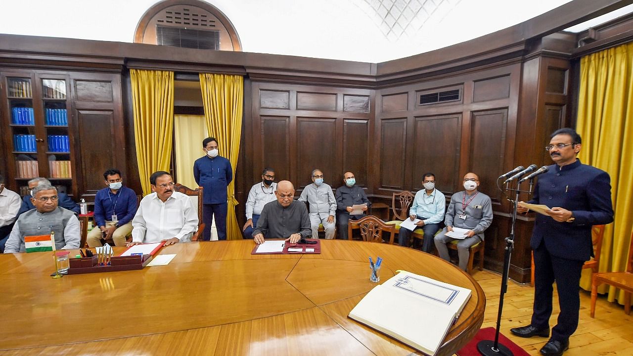 ovely Professional University Chancellor Ashok Mittal takes oath as Rajya Sabha member in the presence of Rajya Sabha Chairman M. Venkaiah Naidu, at Parliament House. Credit: PTI Photo