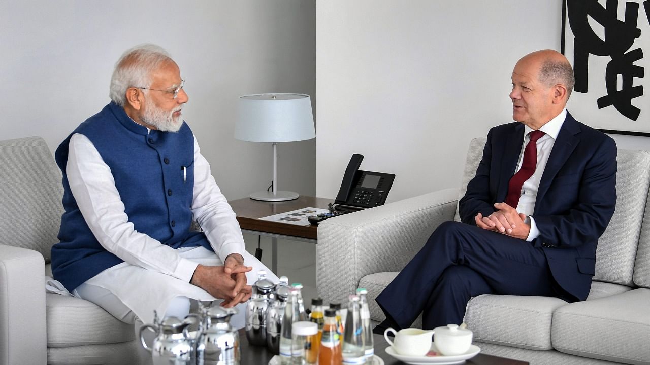 rime Minister Narendra Modi meets Chancellor of Germany Olaf Scholz in Berlin. Credit: Twitter/@PMOIndia
