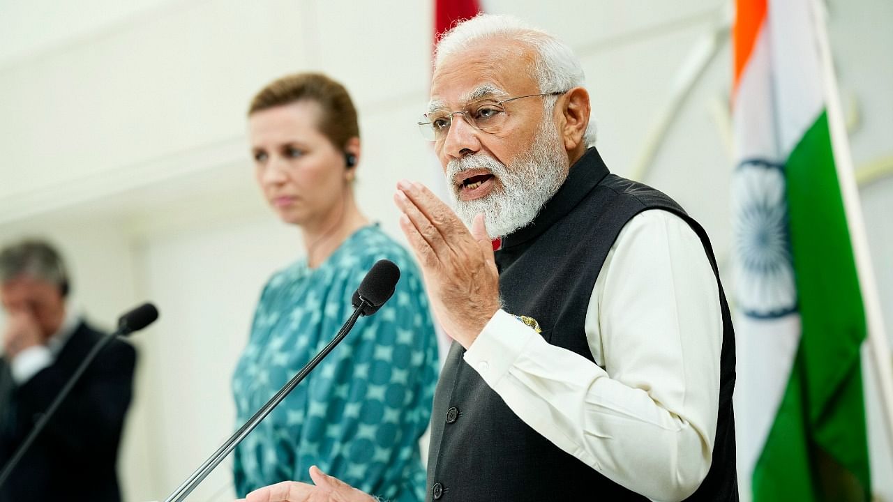 Prime Minister Narendra Modi speaks during a joint press conference with Danish Prime Minister Mette Frederiksen. Credit: AP Photo