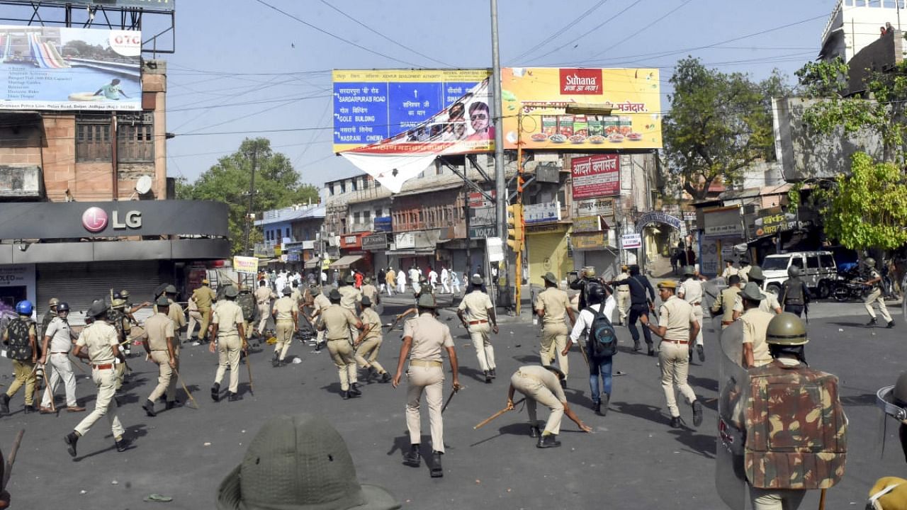 Police resort to baton charge after clashes broke out between two communities on Eid-ul-Fitr, in Jalori Gate area, in Jodhpur, Tuesday, May 3, 2022. Credit: PTI Photo