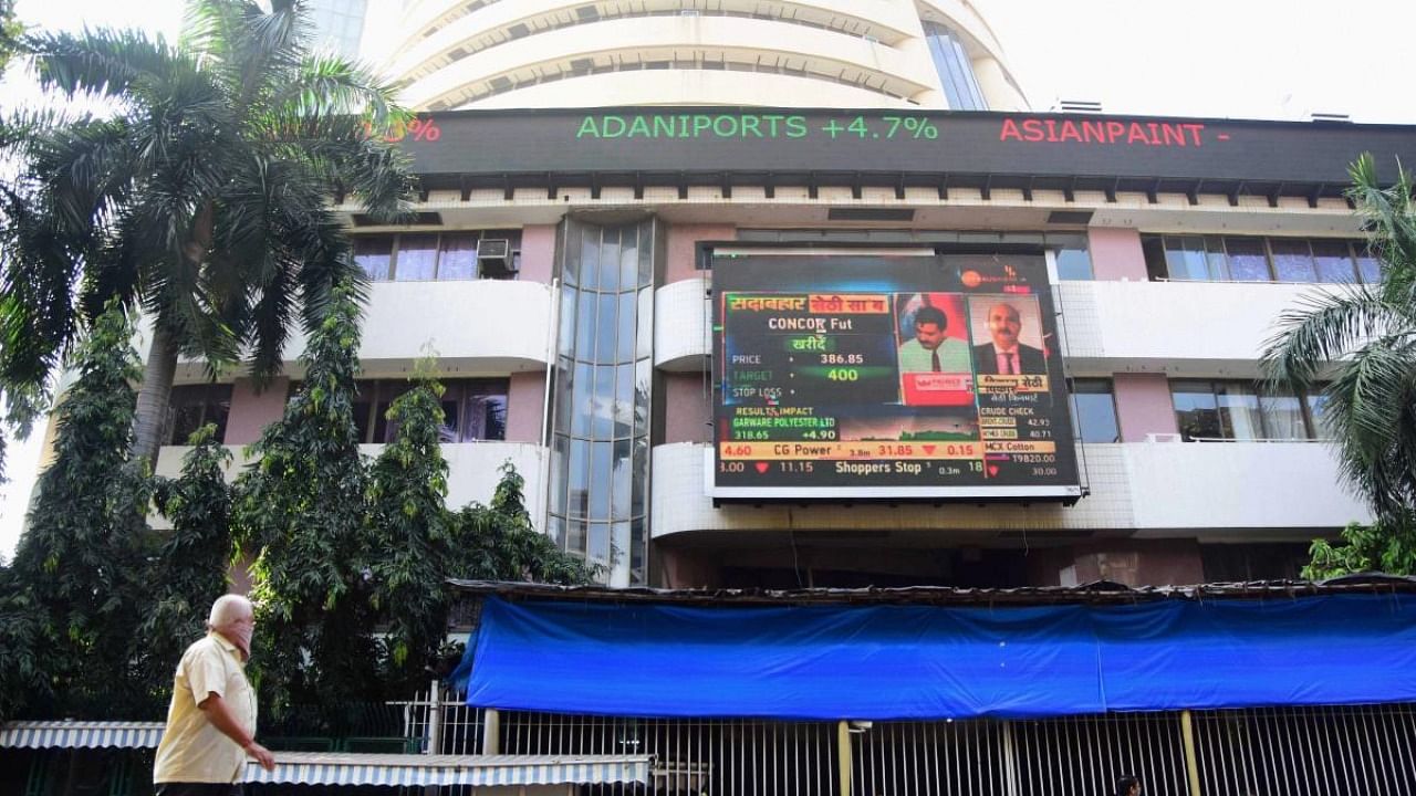 The 30-share BSE benchmark Sensex tumbled 1,306.96 points or 2.29 per cent to settle at 55,669.03. Credit: PTI Photo