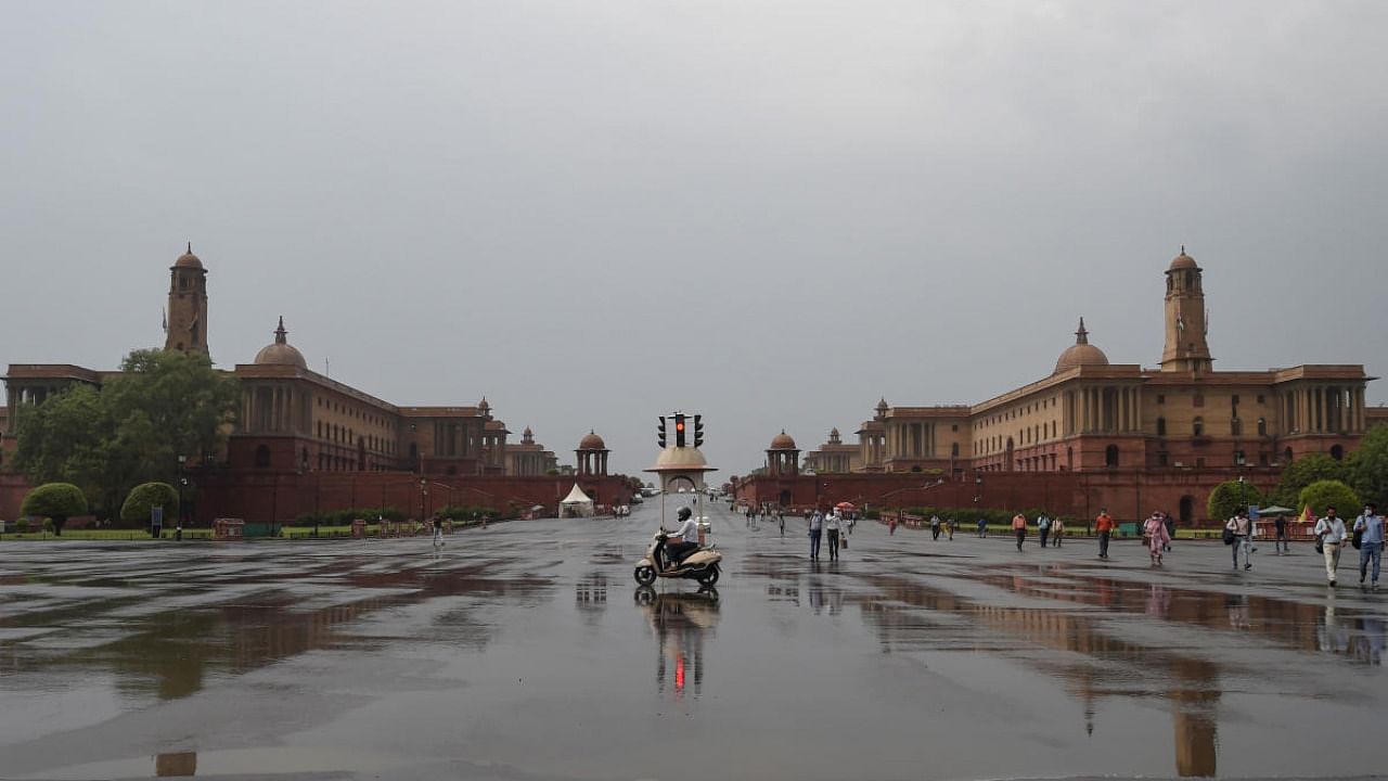 A view of the Vijay Chowk after rainfall, in New Delhi. Credit: PTI Photo