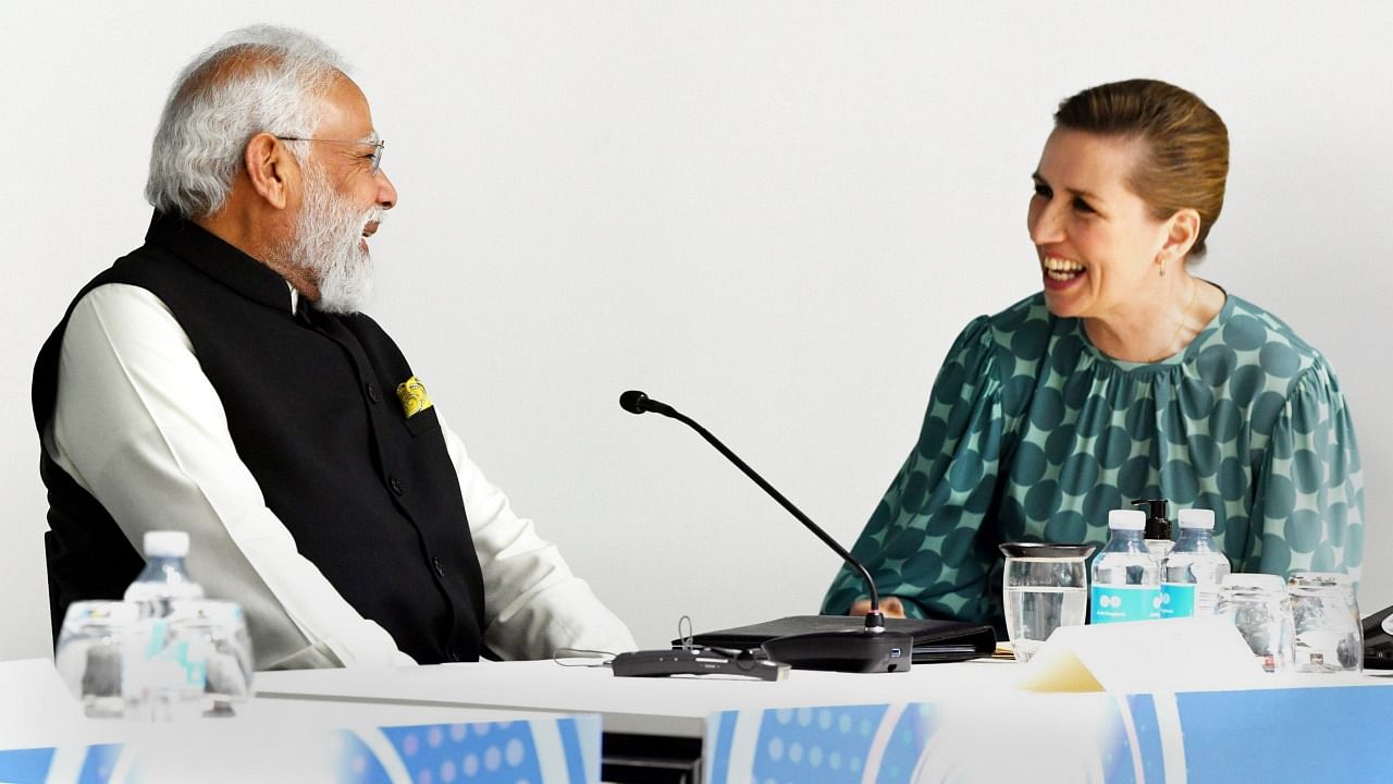 Prime Minister Narendra Modi with Prime Minister of Denmark Mette Frederiksen at India-Denmark Business forum. Credit: PTI Photo