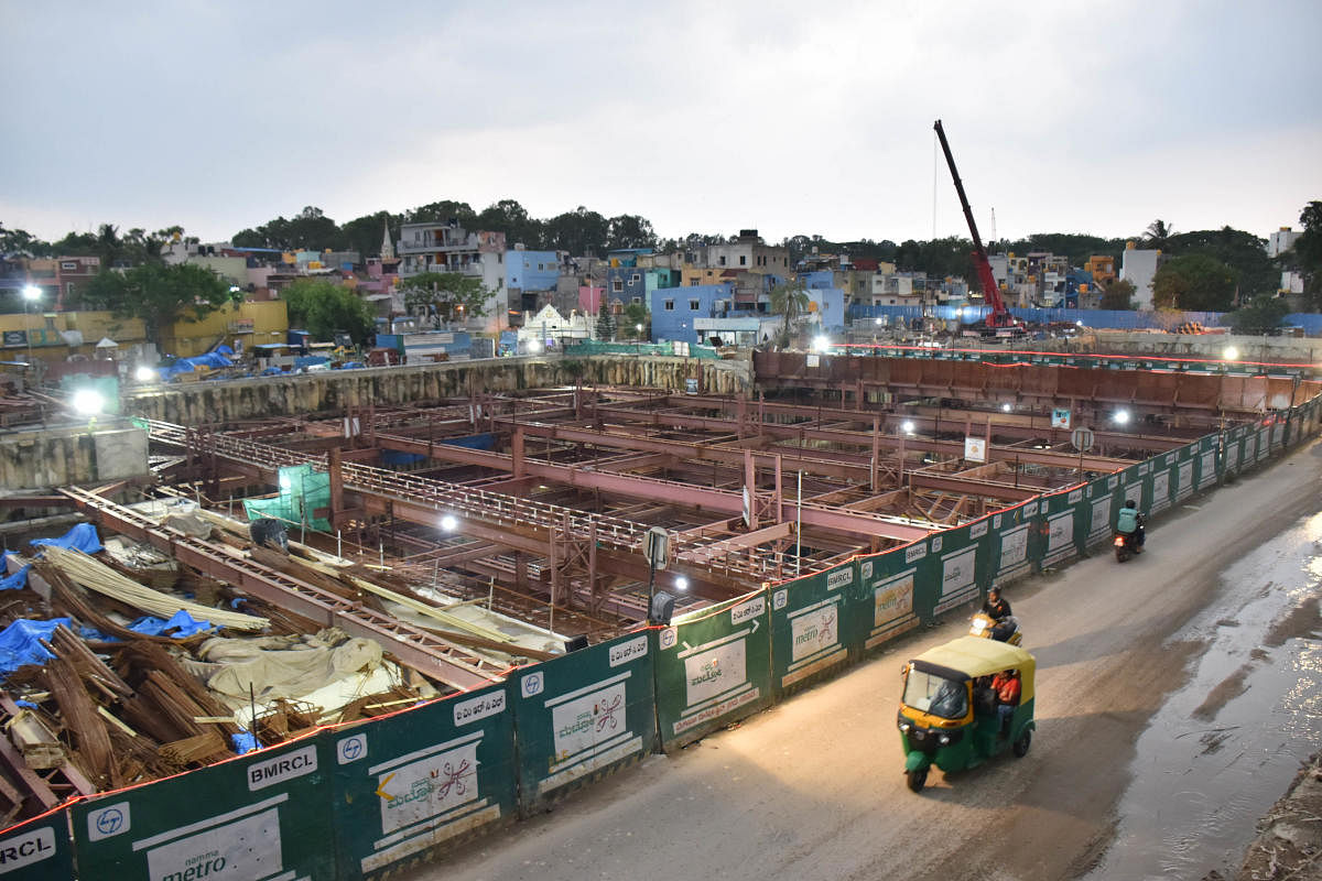 An aerial view of BMRCL metro works at the Pottery town in Bengaluru. Credit: DH Photo