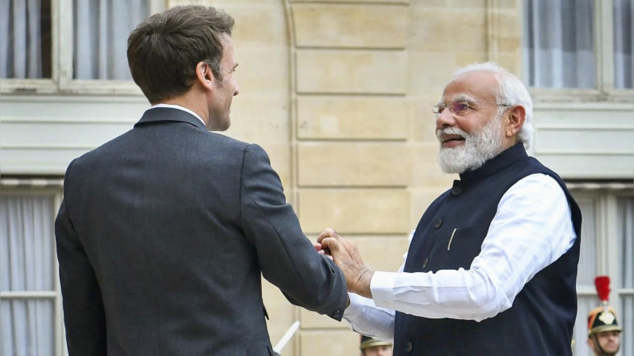 Prime Minister Narendra Modi with President of France Emmanuel Macron at Elysee Palace, Paris, Thursday, May 5, 2022. Credit: PTI Photo