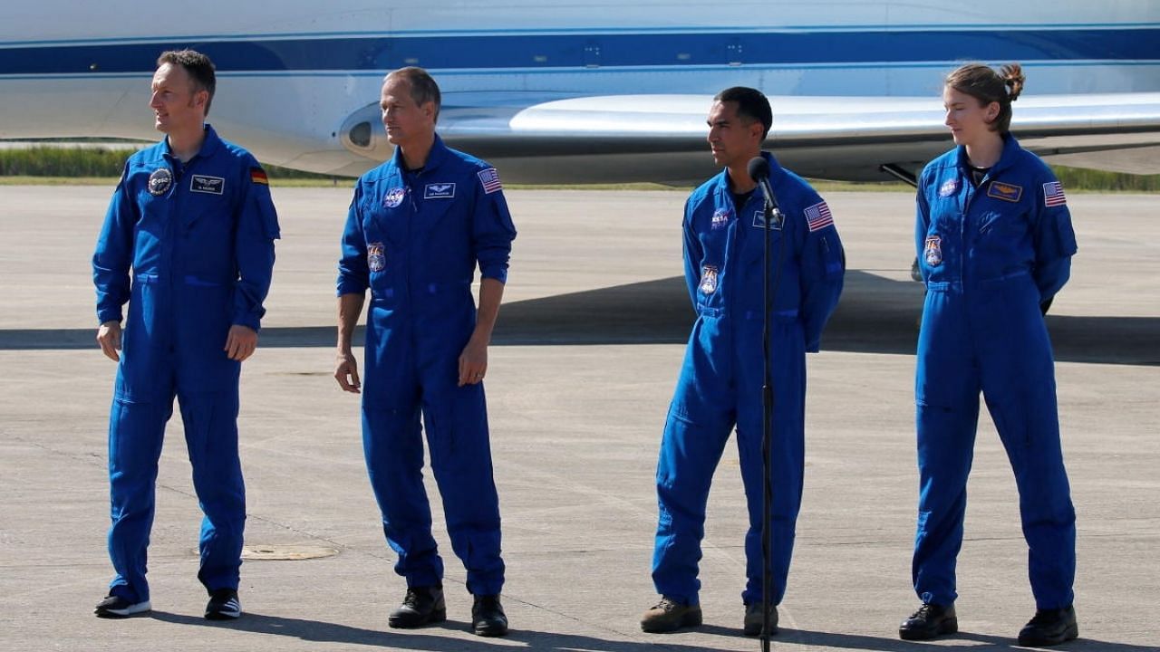 NASA's Raja Chari, Tom Marshburn, Kayla Barron and Matthias Maurer, a German with the European Space Agency (ESA), arrive prior to their voyage to the International Space Station on a SpaceX Falcon 9 rocket, at Cape Canaveral, Florida, US. Credit: Reuters File Photo