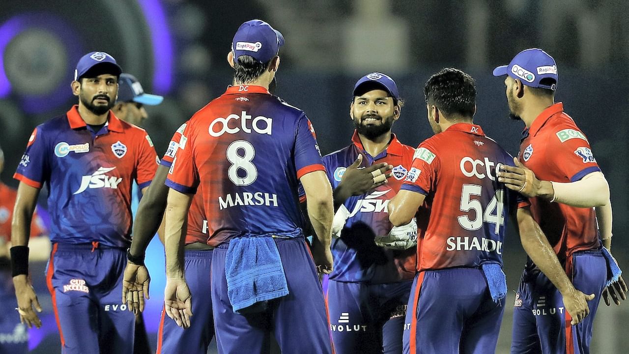 Shardul Thakur of Delhi Capitals celebrates with teammates, the wicket of Nicholas Pooran of Sunrisers Hyderabad during the 50th T20 cricket match of the Indian Premier League. Credit: PTI Photo