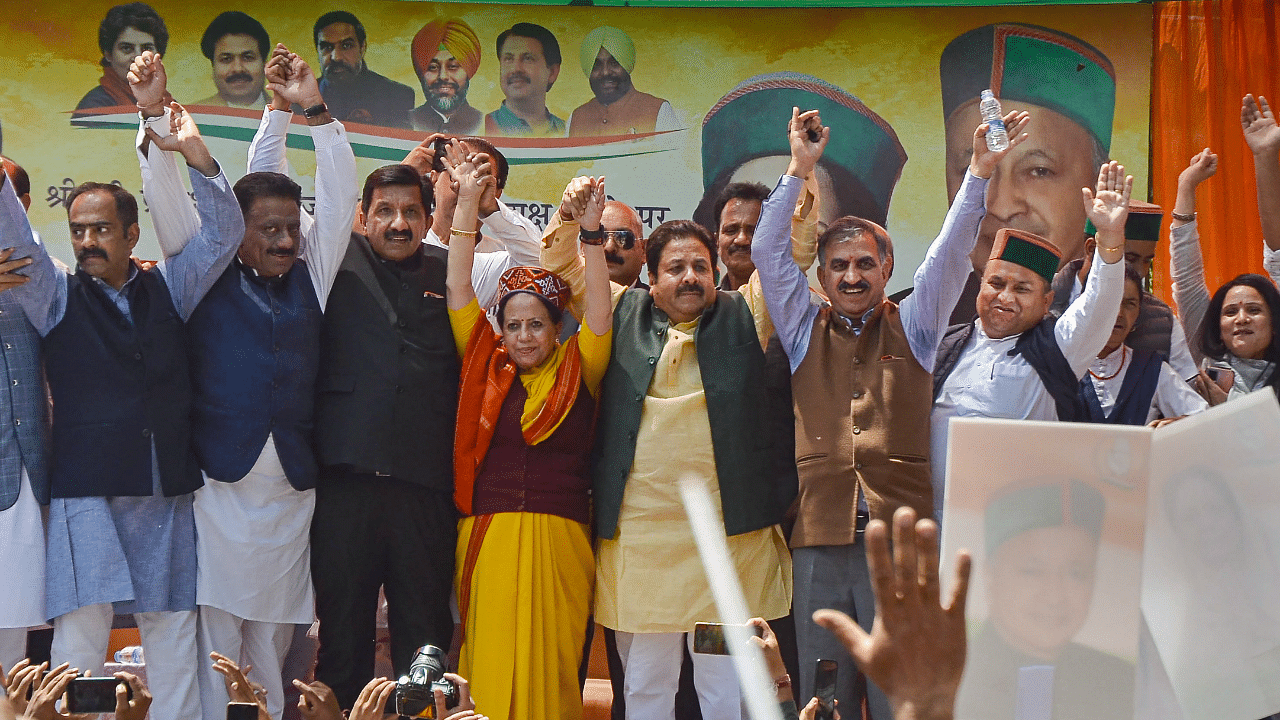 Newly appointed Himachal Pradesh Congress President Pratibha Singh and other Congress leaders during a rally at Chaura Maidan, Shimla. Credit: PTI Photo