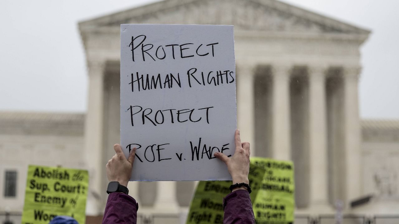 An abortion-rights protester holds up a sign during a demonstration in front of the US Supreme Court Building in Washington. Credit: AFP Photo