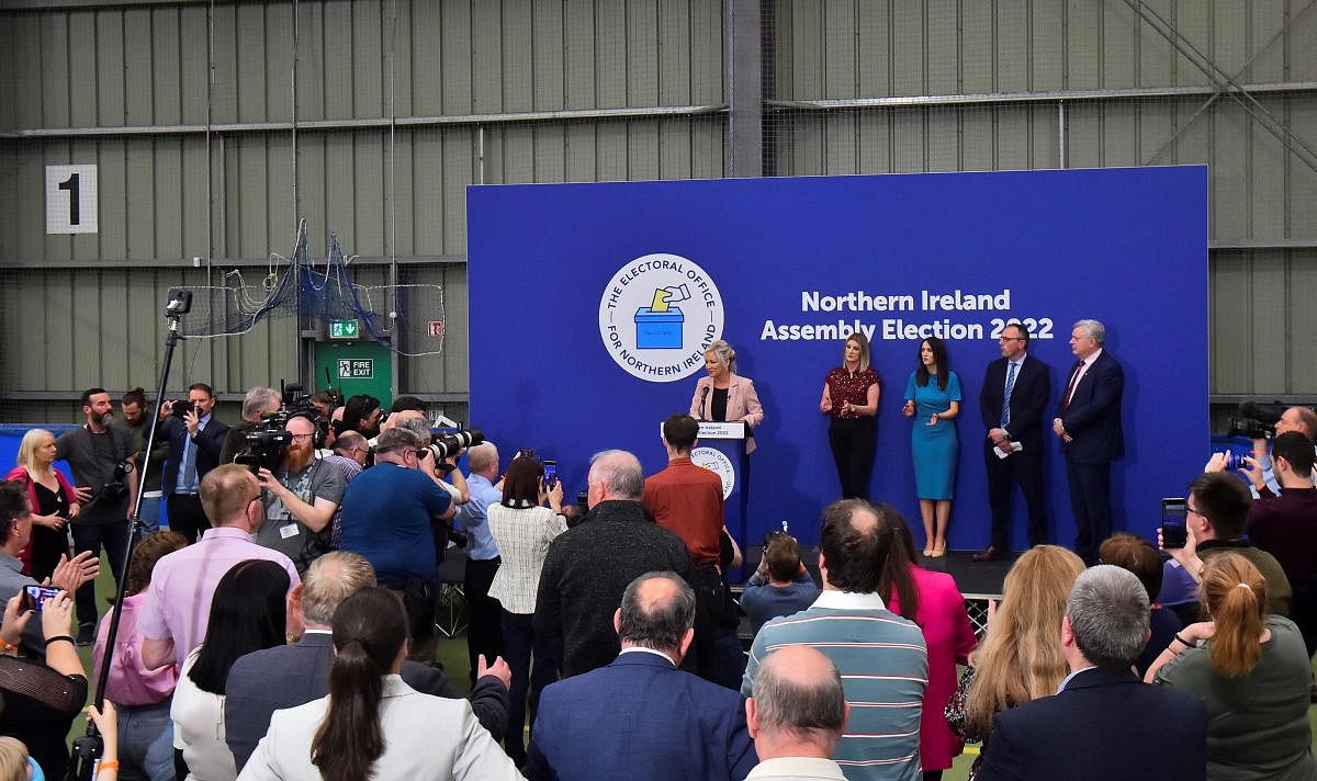 Sinn Fein deputy leader Michelle O'Neill speaks on stage, after Sinn Fein were voted as the largest party in Northern Ireland. Credit: Reuters Photo