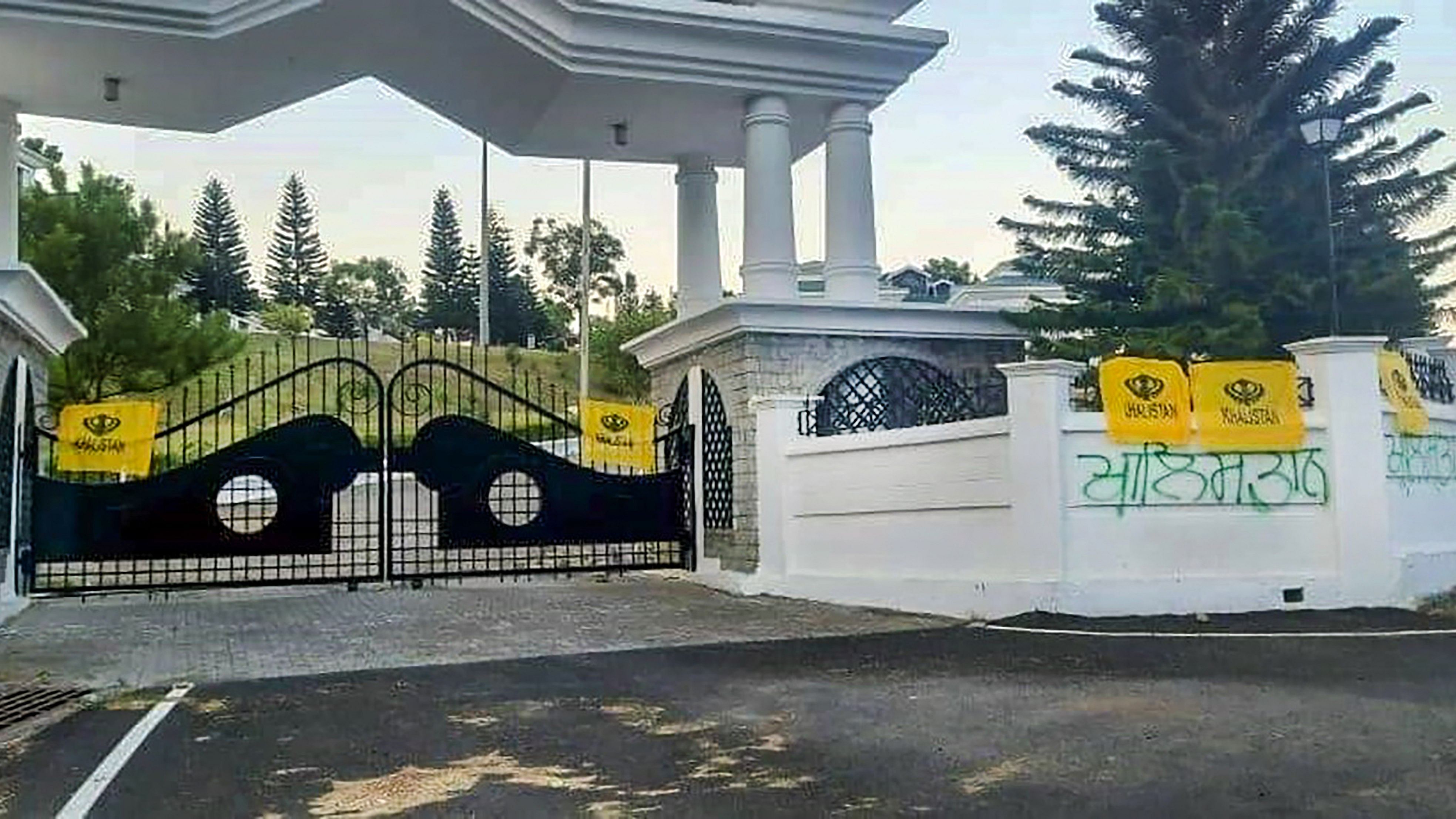 halistan flags tied on the main gates and walls of Himachal Pradesh Vidhan Sabha complex, at Tapovan in Kangra district. Credit: PTI Photo